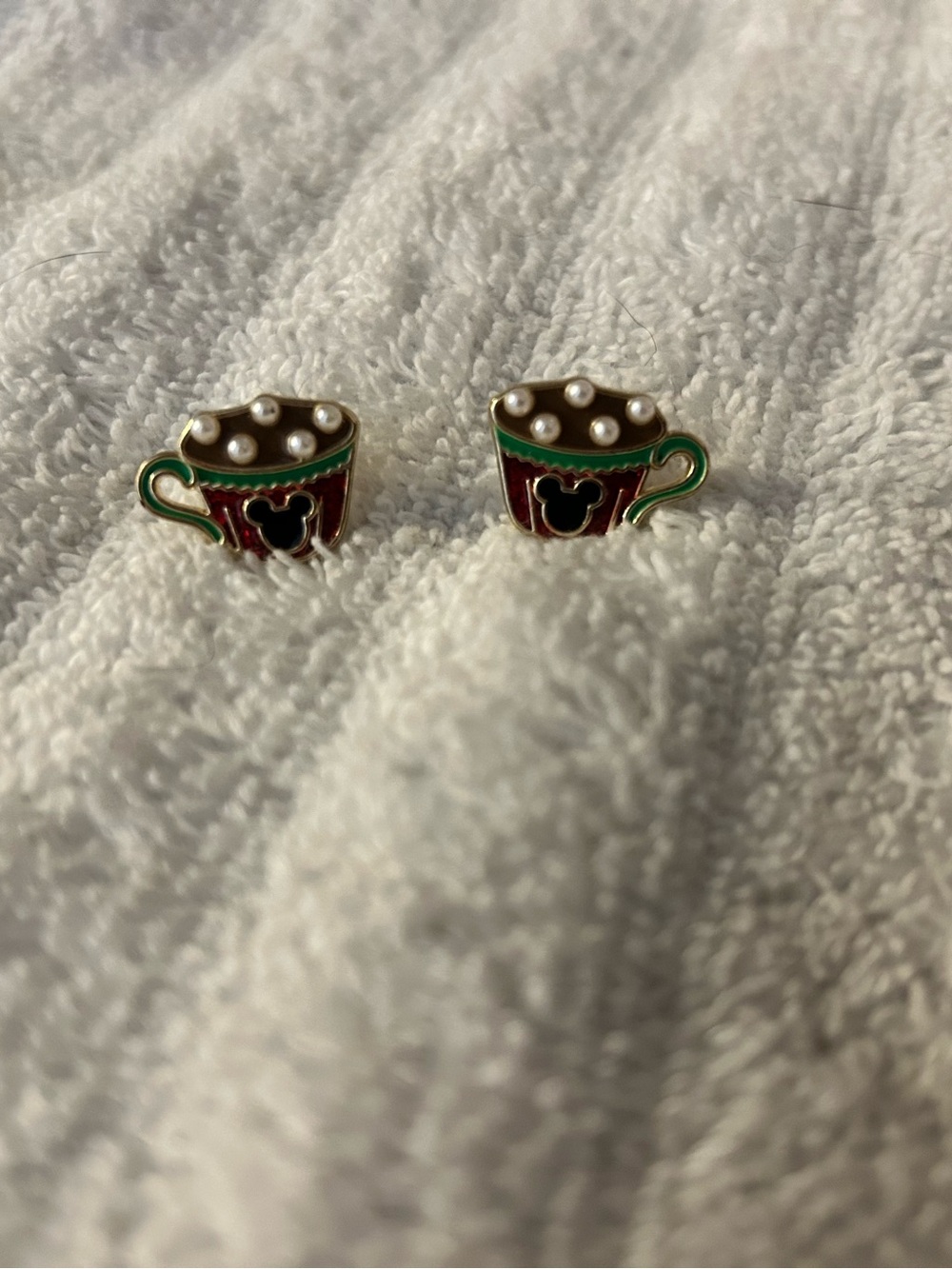Disney Red & Green Teacup Stud Earrings with Pearl Dots
